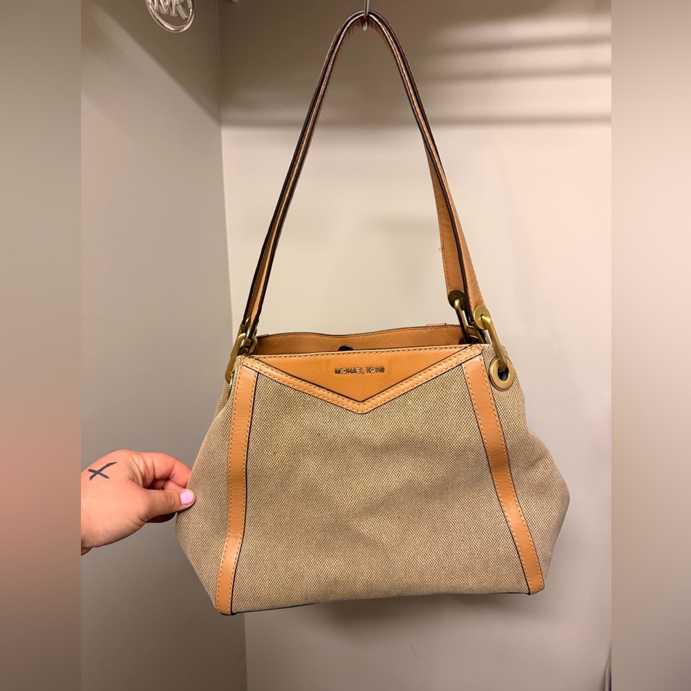 Michael Kors Beige Canvas Shoulder Bag with Tan Leather Trim